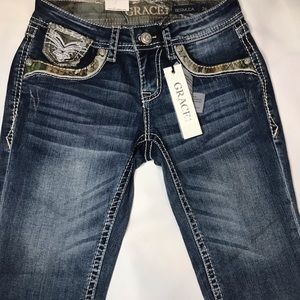 Grace In LA Shorts Womens 26 Camo Bermuda Denim Jeans Stretch Rhinestone New